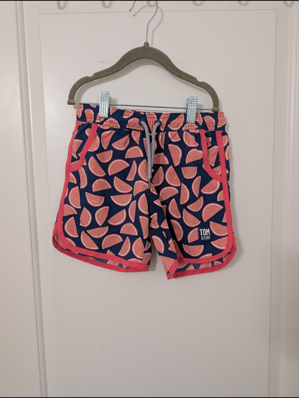 Tom & Teddy Navy and Pink Watermelon Print Kids Swim Trunks Matching Vacation